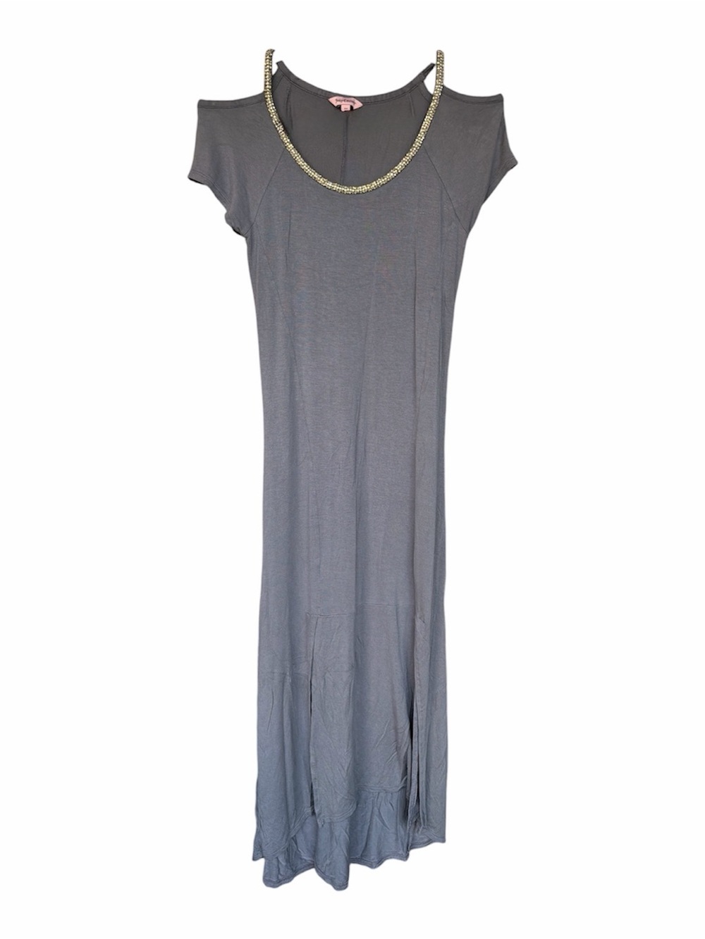 Juicy Couture Gray Cold-Shoulder Maxi Dress with Beaded Neckline